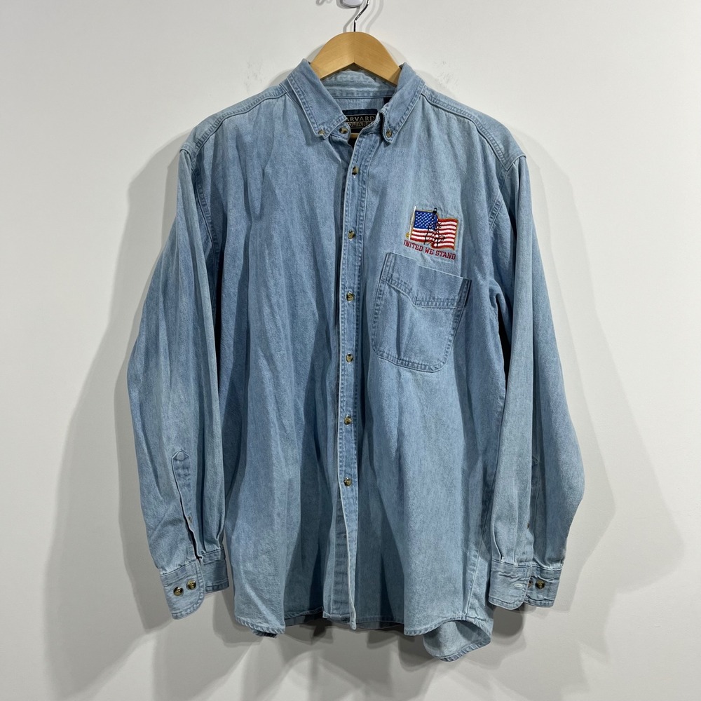 VTG Harvard Square Mens Denim American Flag Shirt Large 90s Chore Western Retro